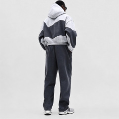 Men Color Block Cropped Tracksuit 100% Cotton French Terry Boxy Drop Shoulder Loose Fit Hoodie Wide Leg Embroidered Streetwear