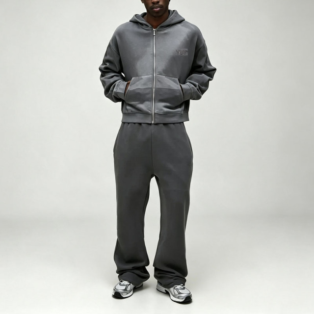 Custom Winter Sun Faded French Terry 2 Pieces Full Zip Boxy Fit Cropped Charcoal Cotton Men's Heavyweight Streetwear Tracksuit