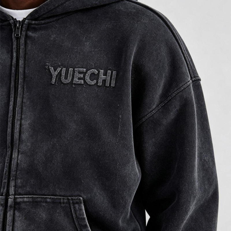 Custom Men's Vintage Washed Full Zip Hoodie Tracksuit 2 Piece Set Heavyweight 100% Cotton Chenille Embroidery Logo Straight Leg