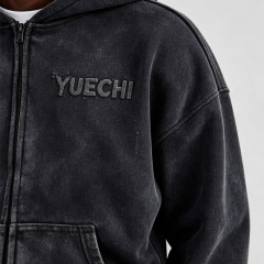 Custom Men's Vintage Washed Full Zip Hoodie Tracksuit 2 Piece Set Heavyweight 100% Cotton Chenille Embroidery Logo Straight Leg