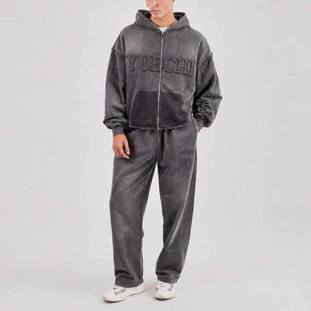 Custom Men Boxy Cropped Full Zip Hoodie Tracksuit Khaki Heavyweight 100% Cotton French Terry Raw Hem Applique Embroidery