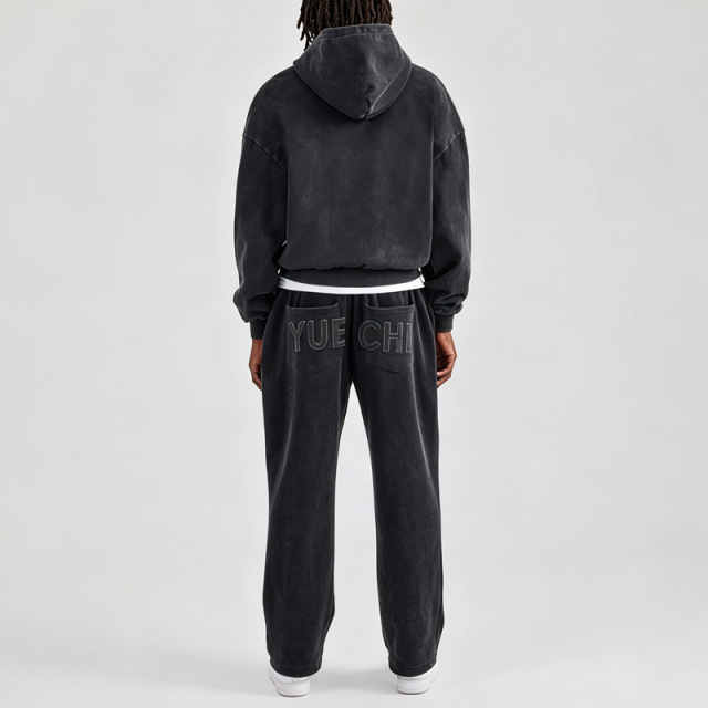 Custom Men's Vintage Washed Full Zip Hoodie Tracksuit 2 Piece Set Heavyweight 100% Cotton Chenille Embroidery Logo Straight Leg
