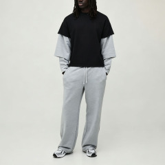 Custom Men's Oversized Boxy Triple Fake Layer Sleeve T Shirt & Wide Leg Jogger Tracksuit Loopback Fabric Crew Neck Streetwear