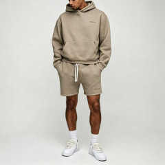 Custom Made Embroidery Fleece 2 Pieces Pullover Hoodie Drawstring Bottoms Khaki Boxy Fit Men's Winter Streetwear Sportswear
