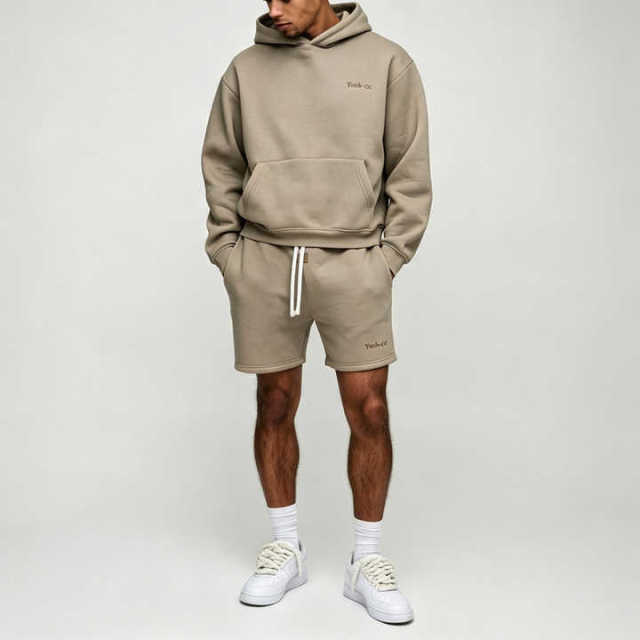 Custom Made Embroidery Fleece 2 Pieces Pullover Hoodie Drawstring Bottoms Khaki Boxy Fit Men's Winter Streetwear Sportswear