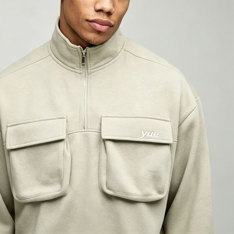 Custom Quarter Zip Funnel Neck Boxy Fit Baggy Sage Green Soft Polyester Embroidery 2 Pieces Men's Cargo Pocket Tracksuit