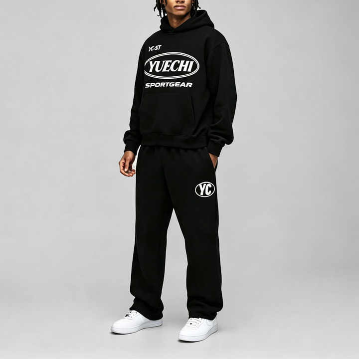 Custom Screen Print 100% Cotton French Terry Winter Hooded 2 Pieces Boxy Fit Wide Leg Black Pullover Men's Streetwear Tracksuit