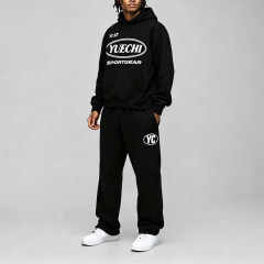 Custom Screen Print 100% Cotton French Terry Winter Hooded 2 Pieces Boxy Fit Wide Leg Black Pullover Men's Streetwear Tracksuit