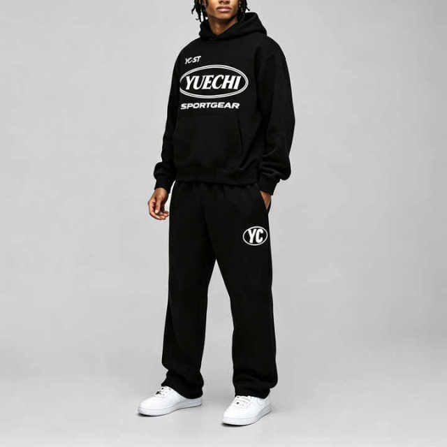 Custom Screen Print 100% Cotton French Terry Winter Hooded 2 Pieces Boxy Fit Wide Leg Black Pullover Men's Streetwear Tracksuit