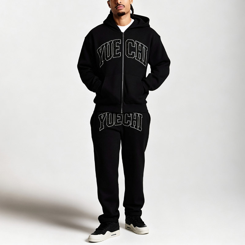 Custom Men Boxy Oversized Full Zip Hoodie Jogger 2 Piece Set Heavyweight 100% Cotton French Terry Rhinestone Tracksuit