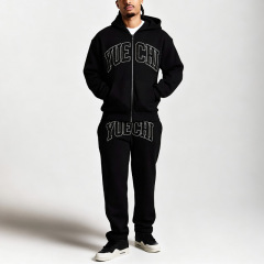 Custom Men Boxy Oversized Full Zip Hoodie Jogger 2 Piece Set Heavyweight 100% Cotton French Terry Rhinestone Tracksuit