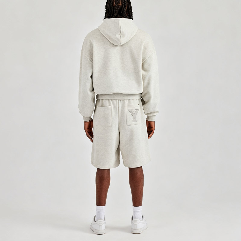 Men Oversized Boxy Fit Full Zip Hoodie Knee Length Short 2 Piece Tracksuit Set Heavyweight Jersey Applique Logo Streetwear