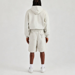 Men Oversized Boxy Fit Full Zip Hoodie Knee Length Short 2 Piece Tracksuit Set Heavyweight Jersey Applique Logo Streetwear