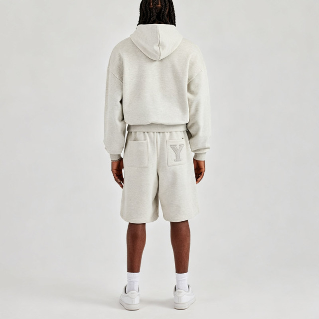 Men Oversized Boxy Fit Full Zip Hoodie Knee Length Short 2 Piece Tracksuit Set Heavyweight Jersey Applique Logo Streetwear