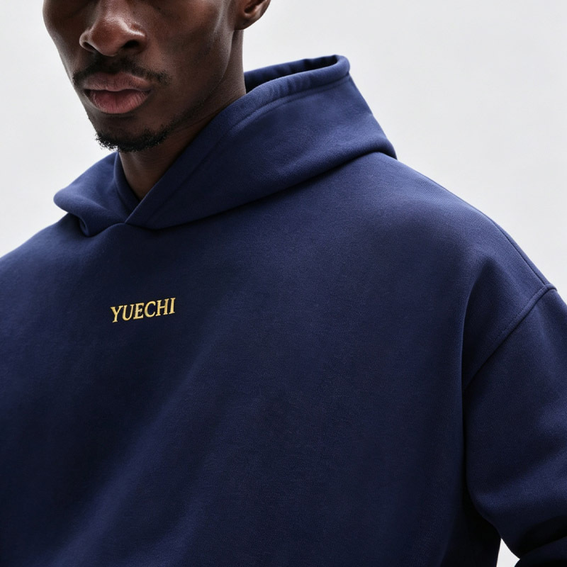 Men Cropped Hoodie Wide Leg Sweatpants Tracksuit Navy Heavyweight French Terry Letter Embroidery Streetwear Casual Two Piece Set