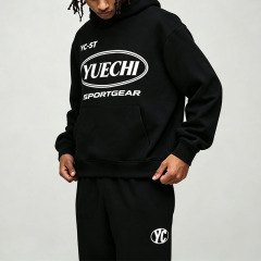 Custom Screen Print 100% Cotton French Terry Winter Hooded 2 Pieces Boxy Fit Wide Leg Black Pullover Men's Streetwear Tracksuit