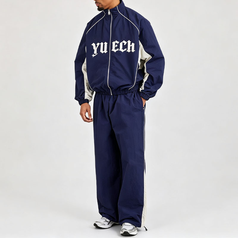 Custom Screen Printing Oversized Mens 95% Nylon 5% Spandex Funnel Neck Jacket Contrast Piping Contrast Panel Jogger Tracksuit