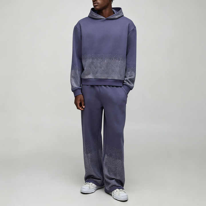 Custom Rhinestone French Terry Winter 2 Pieces Dropped Shoulder Boxy Fit Wide Leg Eco-friendly Hooded Streetwear Men's 100%