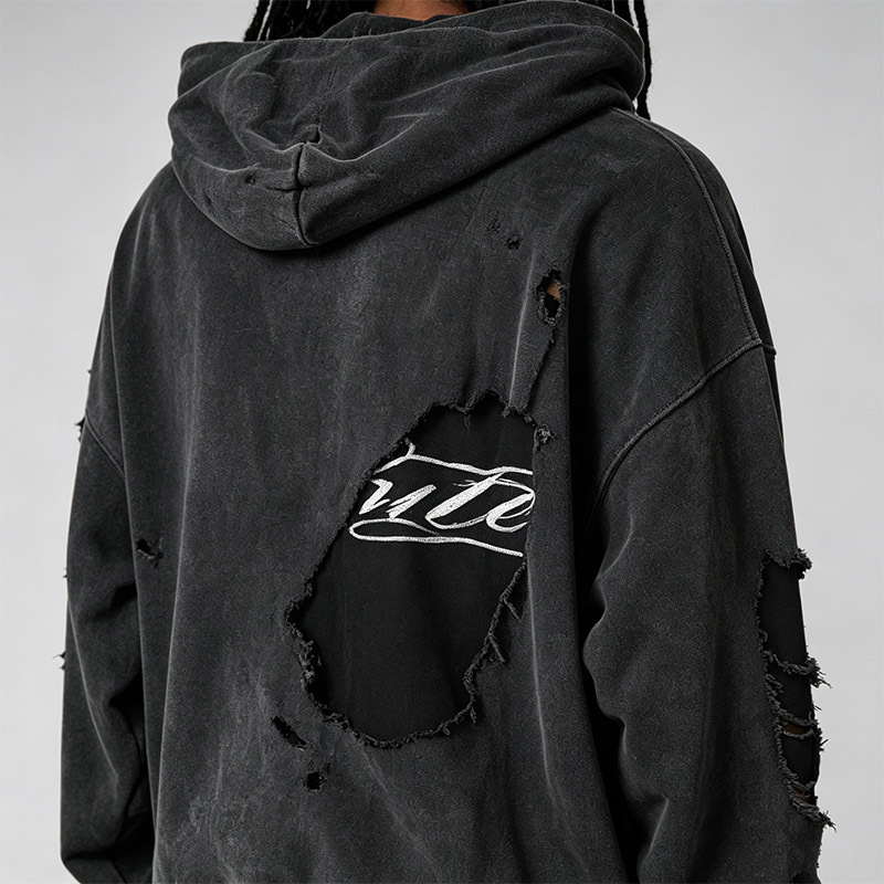Men Oversized Hoodie Wide Leg 2 Piece Set Washed Charcoal Distressed Ripped Screen Print 100% Cotton French Terry Tracksuit