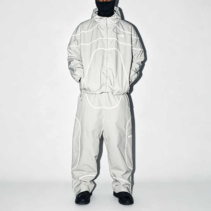 OEM Custom logo Men's Waterproof Reflective Windbreaker Nylon Polyester Zip up Track Jacket and Pants Set Tracksuit