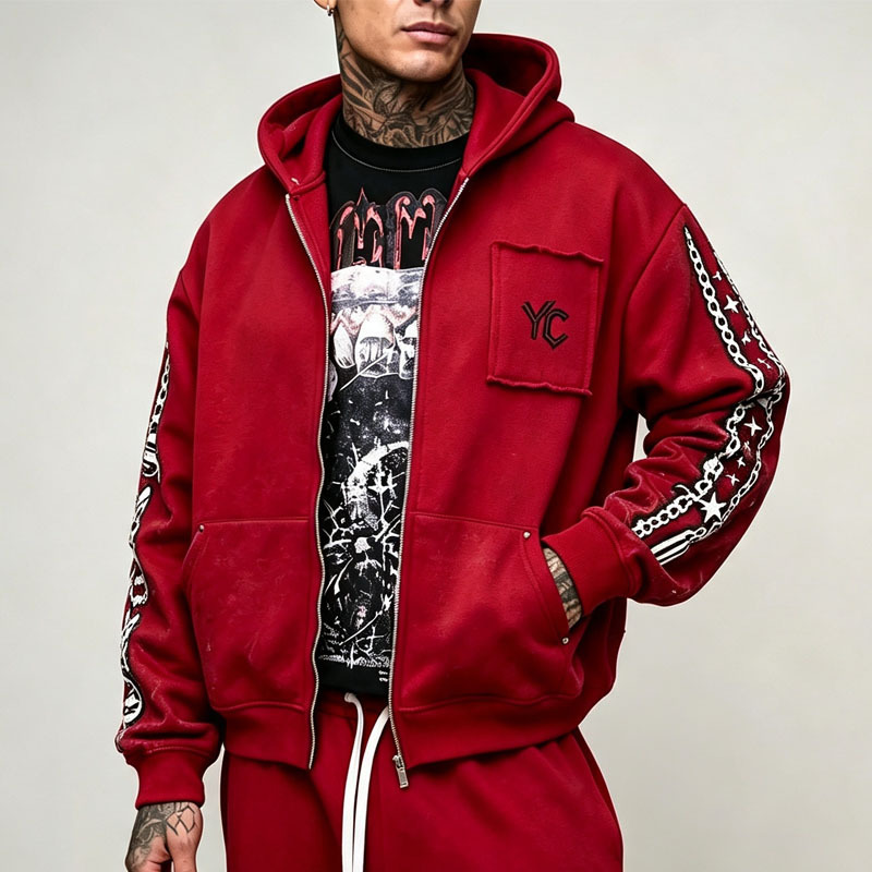 Custom DTG Printing Applique Embroidery 2 Pieces Full Zip up Boxy Fit Wide Leg Maroon Dark Red Men's Streetwear Tracksuit Set