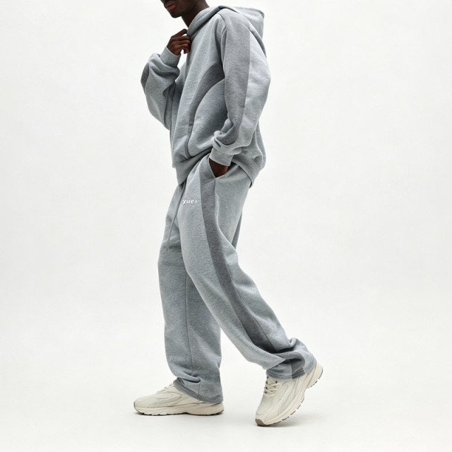 Men Heather Grey Oversized Dropped Shoulder Hoodie Tracksuit Contrast Panel Screen Print Straight Wide Leg Sweatpants