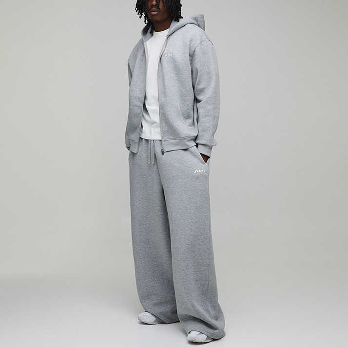 Custom Puff Printing Fleece 2-Piece Full-Zip Boxy Fit Baggy Wide-Leg Heather Grey Men's Heavyweight 100% Cotton Winter