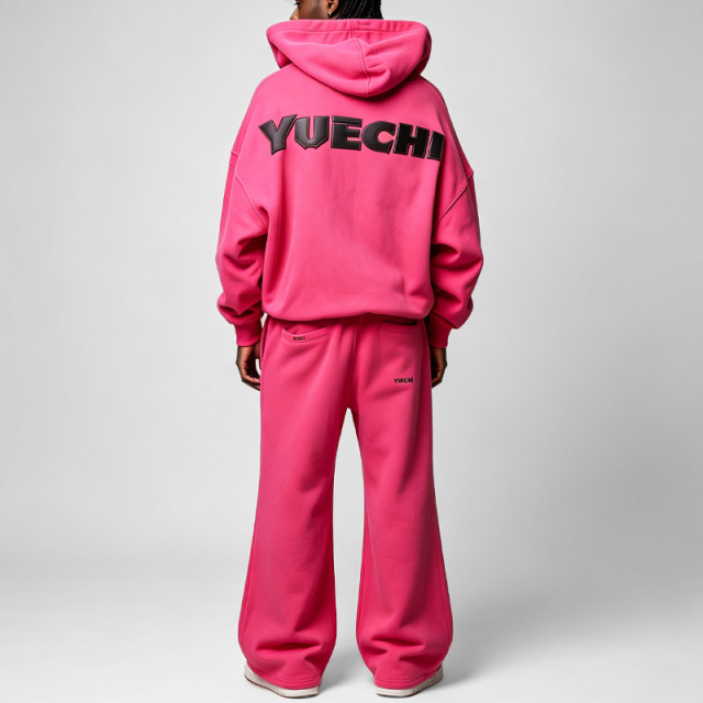 Custom Men Oversized Zip up Hoodie Flare Sweatpants 2 Piece Set Winter Fleece Lined Puff Print Applique Streetwear Tracksuit