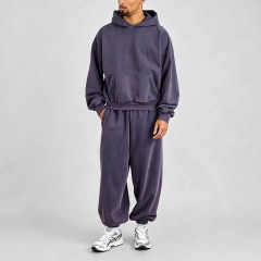 Mens Vintage Washed Heavyweight Tracksuit Set Boxy Oversized Pullover Hoodie Jogger Sweatpants 100% Cotton French Terry Purple