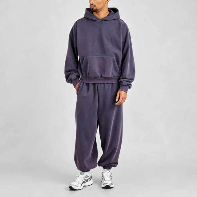 Mens Vintage Washed Heavyweight Tracksuit Set Boxy Oversized Pullover Hoodie Jogger Sweatpants 100% Cotton French Terry Purple
