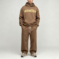 Custom Men's Oversized Boxy Applique Hoodie Wide Leg 100% Cotton French Terry Tracksuit Streetwear Winter Two Piece Set