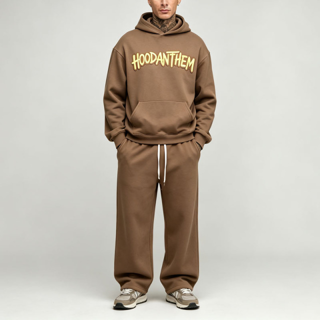 Custom Men's Oversized Boxy Applique Hoodie Wide Leg 100% Cotton French Terry Tracksuit Streetwear Winter Two Piece Set