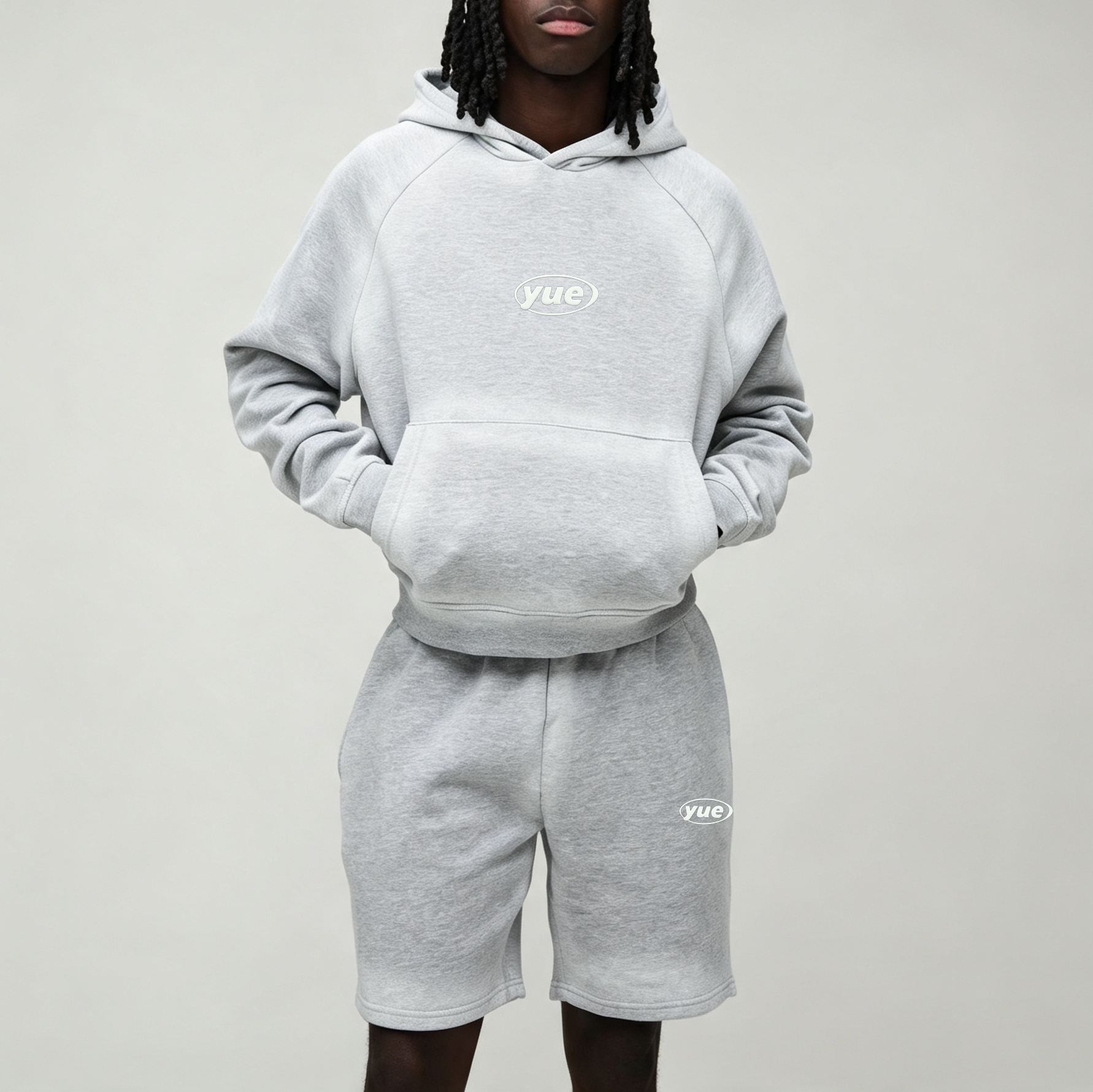Custom Winter Spray Puff Print Heather Grey Boxy Cropped Hoodie Knee Length Shorts 2 Pieces Cotton Streetwear Men's Fleece