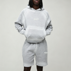 Custom Winter Spray Puff Print Heather Grey Boxy Cropped Hoodie Knee Length Shorts 2 Pieces Cotton Streetwear Men's Fleece