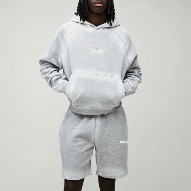 Custom Winter Spray Puff Print Heather Grey Boxy Cropped Hoodie Knee Length Shorts 2 Pieces Cotton Streetwear Men's Fleece