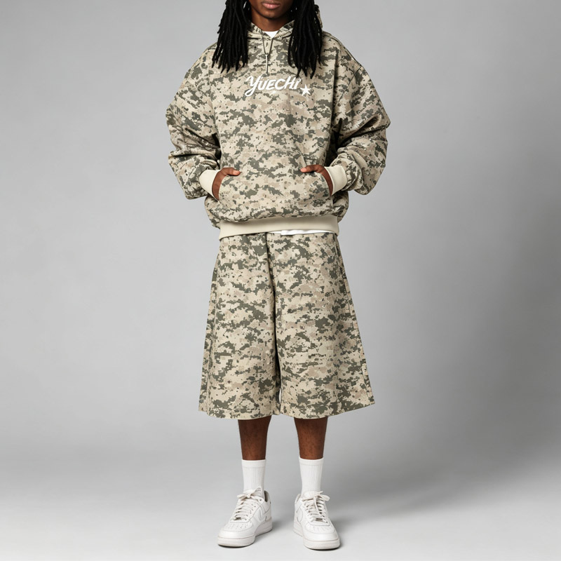 Custom Men's Camo Pullover Hooded Tracksuit Set 100% Cotton French Terry Applique Embroidery DTG Printing Oversized Street Sport