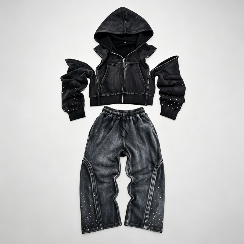 Custom Men's Sun Faded Detachable Sleeve Tracksuit Rhinestone Embellished Cropped Zip up Hoodie Wide Leg Sweatpants 100% Cotton