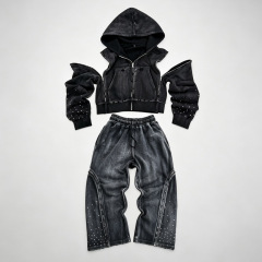 Custom Men's Sun Faded Detachable Sleeve Tracksuit Rhinestone Embellished Cropped Zip up Hoodie Wide Leg Sweatpants 100% Cotton