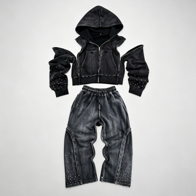 Custom Men's Sun Faded Detachable Sleeve Tracksuit Rhinestone Embellished Cropped Zip up Hoodie Wide Leg Sweatpants 100% Cotton