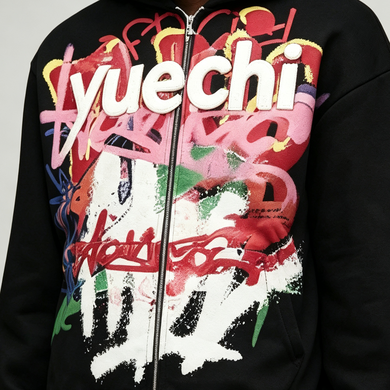 Custom Puff Printing 100% Cotton Fleece Winter Street Art Full Zip Boxy Fit Baggy 2 Pieces Black Men's Graffiti Tracksuit Set