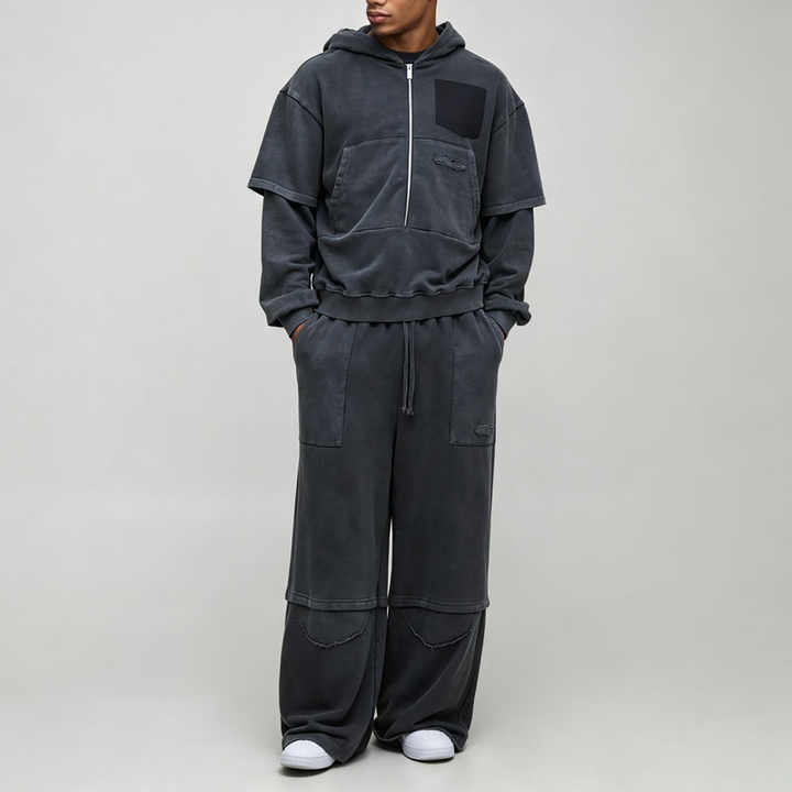 Custom Men's Oversized Boxy Washed Lived-in French Terry Fake Layer Zip up Hoodie Wide Leg Tracksuit Vintage Streetwear