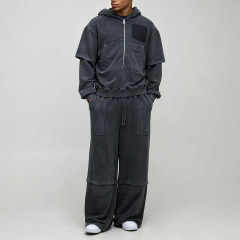 Custom Men's Oversized Boxy Washed Lived-in French Terry Fake Layer Zip up Hoodie Wide Leg Tracksuit Vintage Streetwear