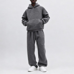 Custom Men's Sherpa Fleece Tracksuit Cropped Pullover Hoodie Set 100% Polyester Fluffy Warm Winter Streetwear Blank Two Piece