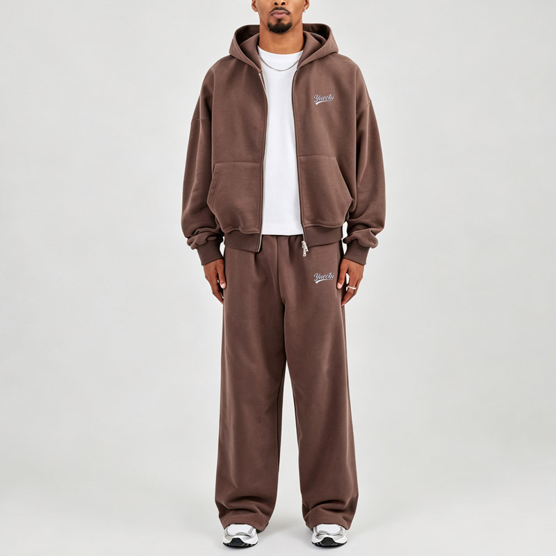 Custom Men Baggy Fit Full Zip Hoodie Wide Leg Sweatpants 2 Piece Set Heavyweight 100% Cotton French Terry Embroidery Tracksuit