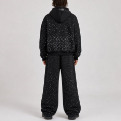Men Boxy Oversized Hoodie Tracksuit Black Rhinestone 100% Cotton French Terry Drop Shoulder Wide Leg Sweatpants Streetwear