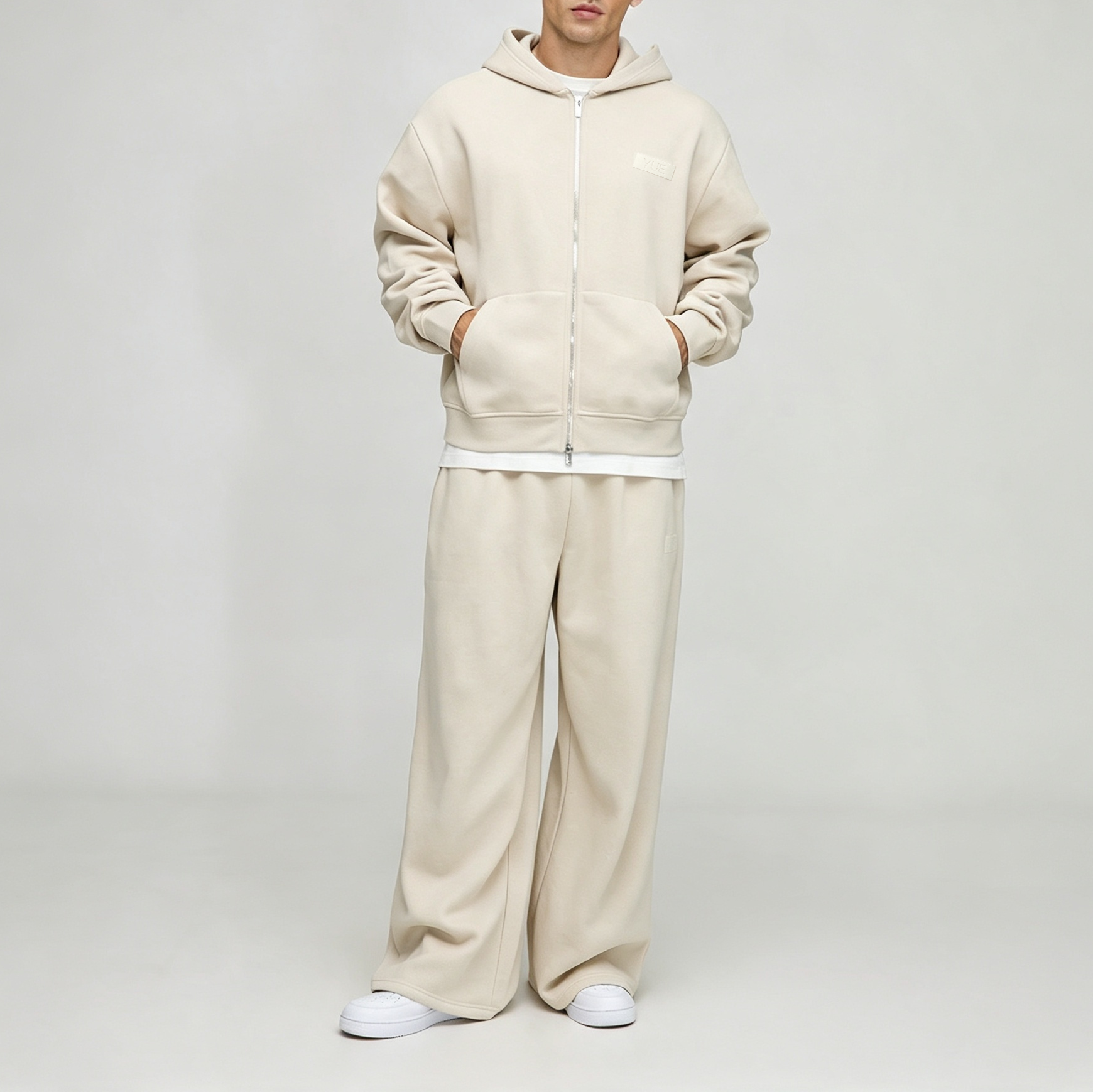 Custom Applique Embroidery French Terry Full Zip 2 Pieces Boxy Fit Cropped Wide Leg Urban Cotton Men's Streetwear Tracksuit Set