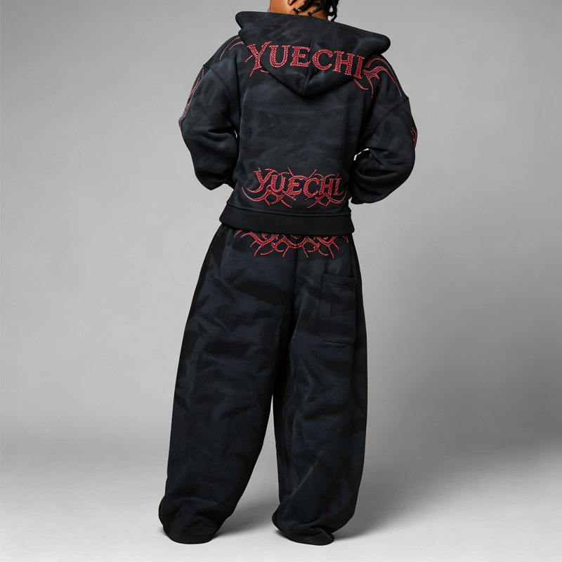 Custom Vintage Wash Mens Black Full Zip French Terry Hoodie Oversized Box Fit Dropped Shoulder Red Rhinestone Street Tracksuit