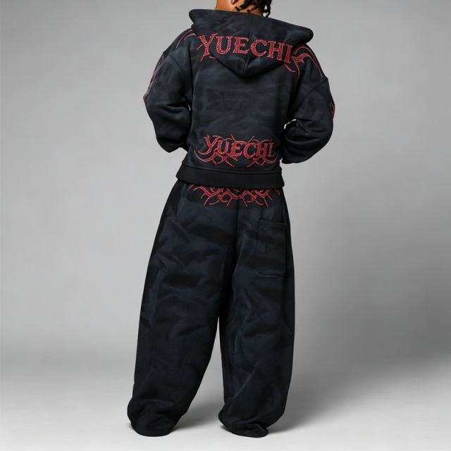 Custom Vintage Wash Mens Black Full Zip French Terry Hoodie Oversized Box Fit Dropped Shoulder Red Rhinestone Street Tracksuit