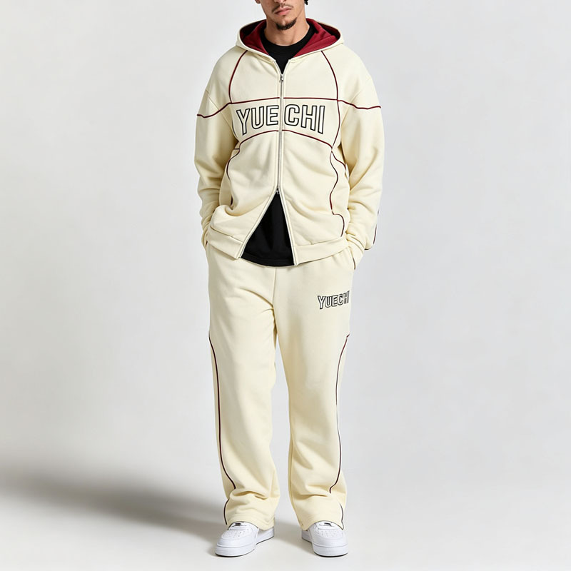 Men's Oversized Full Zip Hoodie Tracksuit Heavyweight 100% Cotton French Terry Embroidered Contrast Piping Wide Leg Sweatpants