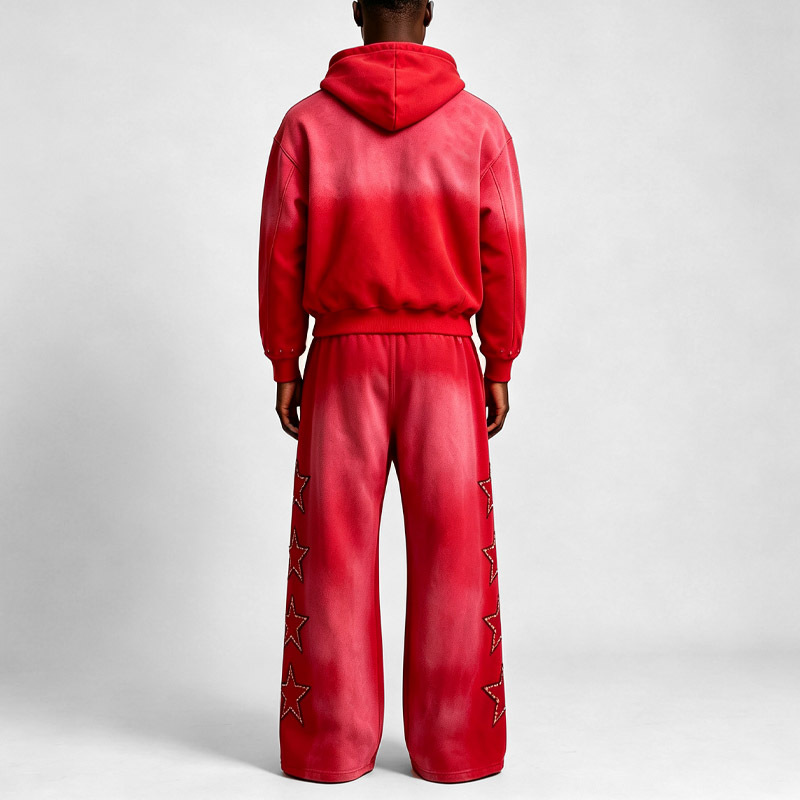 Custom Men Sun Faded Boxy Cropped Zip up Hoodie Wide Leg Sweatpants Set Rhinestone Star Embroidery Oversized Street Tracksuit